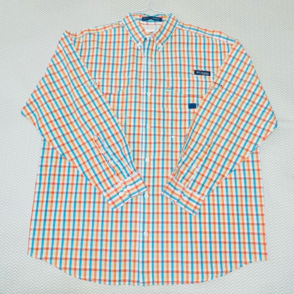 Columbia PFG Bonehead Orange and Blue Casual Button Down Shirt